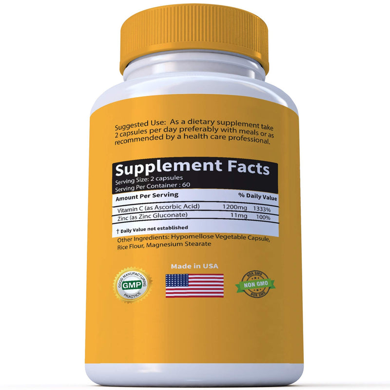 High Dose Extra Strength 1200mg Vitamin C + Zinc Complex for Immune Support Health 120 Capsule 2 Month Supply Veggie Capsule Non-GMO Gluten Free Vegan