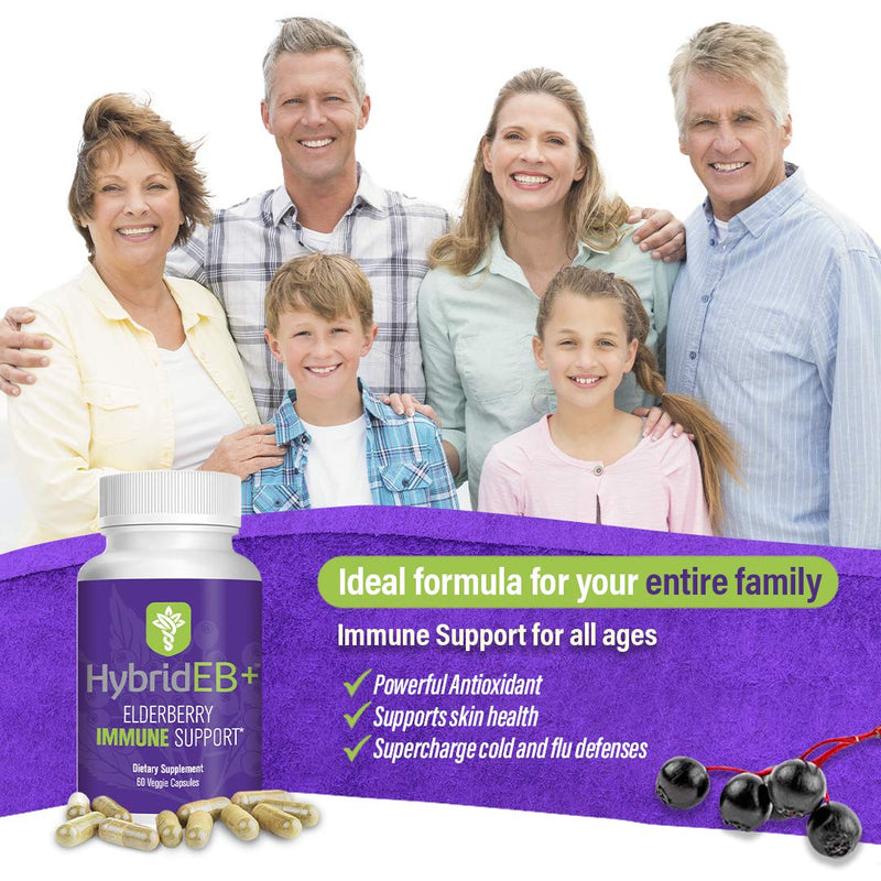 HybridEB Sambucus Elderberry Immune Support Supplement Made in USA, 60 Caps | Black elderberry, vitamin C, D, zinc, full spectrum blend for year-round immunity, pharmacist formulated, vegetarian