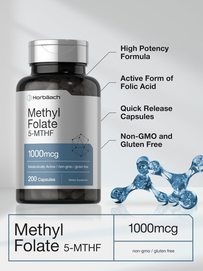 Horbäach Methyl Folate Supplement | 1000 mcg | 200 Capsules | 5-MTHF | Folic Acid | Non-GMO, Gluten Free Methylfolate