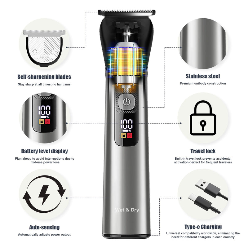 [Australia] - Beard Trimmer for Men – Stainless Steel Electric Razor & Shaver, Cordless Hair Clippers Grooming Kit, IPX7 Waterproof Nose Ear Face Body Trimmer, USB-C Rechargeable with Travel Lock, Gifts for Men 