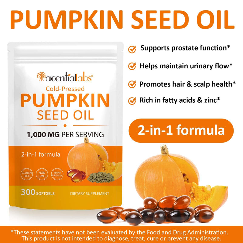 Pumpkin Seed Oil Capsules 1000mg Per Serving - 300 Softgels for Hair & Urinary Support - 2-in-1 Formula, Rich in Zinc & Omega Fatty Acids - Easy-to-Swallow