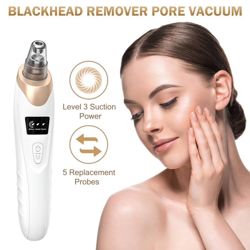 Blackhead Remover Pore Vacuum Kit -Blackhead Extractor Tool with 3 Adjustable Suction Levels, 5 Probes, USB Rechargeable, Suitable for Women and Men(White) White