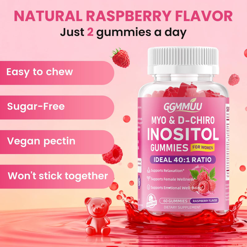 Myo-Inositol & D-Chiro Inositol Gummies for Women, 60 Count | 1000mg+25mg 40:1 Ratio, with Vitamin D3, Magnesium Glycinate, Folate & Zinc, Vegan, Sugar Free, Non-GMO, Raspberry Flavor 60 Count (Pack of 1)