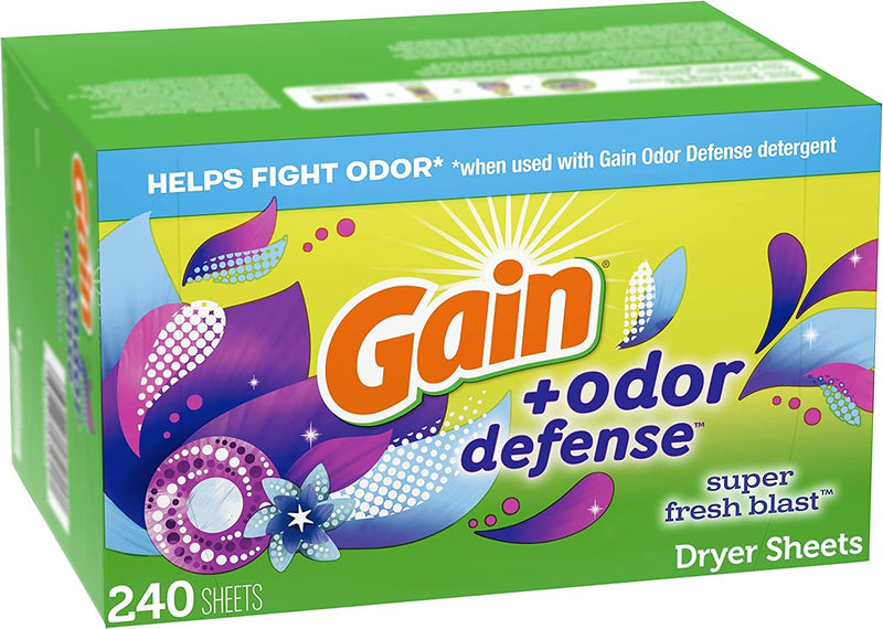 [Australia] - Gain + Odor Defense Dryer Sheets, Super Fresh Blast Scent Fabric Softener Sheets, 240 ct 240 Count (Pack of 1) 