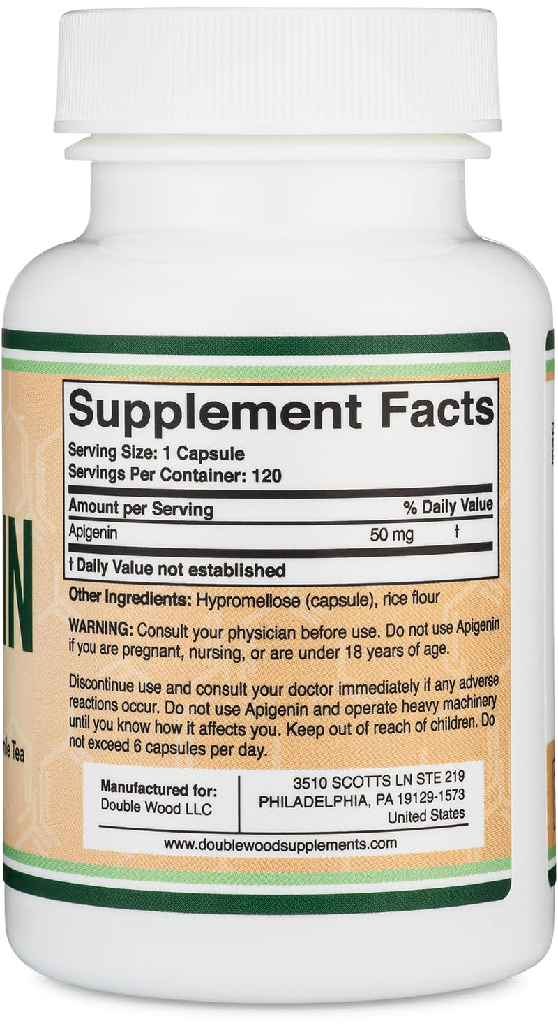 [Australia] - Apigenin Supplement - 50mg per Capsule, 120 Count (Powerful Bioflavonoid Found in Chamomile Tea for Relaxation, Sleep, and Mood) Senolytic Flavonols for Aging (Gluten Free) by Double Wood 