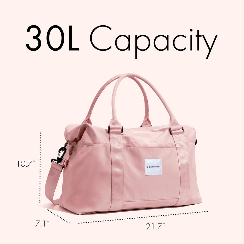 (Not Made In China) Travel Duffel Bag For Women, Carry On Bags, Overnight Weekender Duffle, Airplane Approved Underseat Tote With Shoulder Strap, Luggage Trolley Sleeve, Pink, 22in, 30L Large (1 Pack)