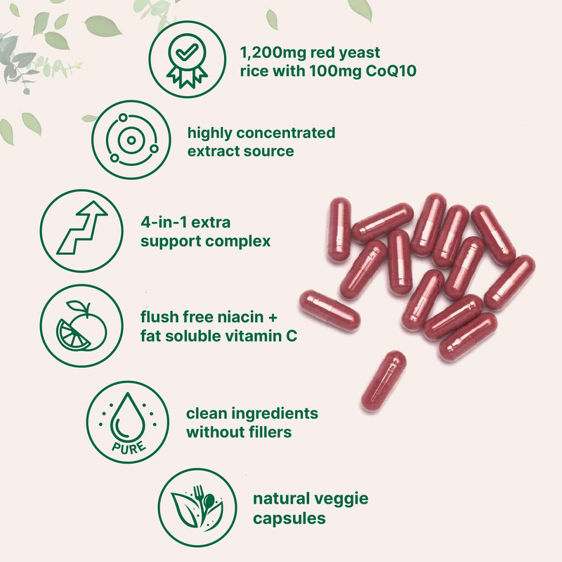 [Australia] - Red Yeast Rice 1,200mg with CoQ10 100mg, 240 Veggie Capsules | 4-in-1 with Flush Free Niacin & Fat Soluble Vitamin C | Cholesterol Support & Heart Health Supplements | Filler Free, Non-GMO, No Gluten 
