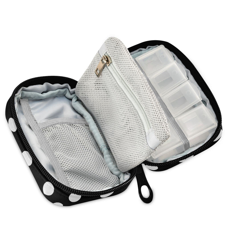 Polka Dot Black Pill Organizer Case Modern 7 Day Travel Pill Box with Zipper Portable Weekly Vitamin Medicine Supplement Holder Pouch Bag