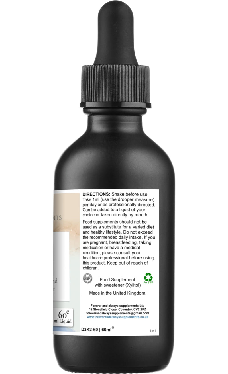 Liposomal Vitamin D3 + K2 MK-7, 4000IU, High Strength 100μg Vegan Liquid Drops, 60ml, Apple Vanilla Flavour, Bone and Immune Support, Forever & Always Supplements