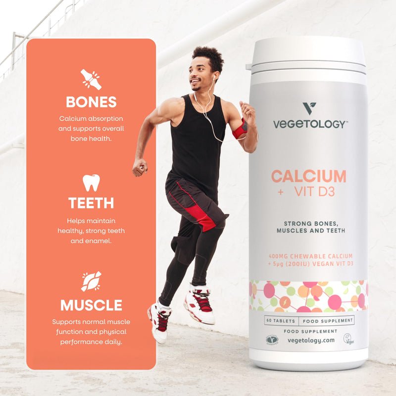Vegetology Calcium Tablets and Vitamin D3, Chewable Vegan Supplement, Helps Maintain Strong Bones and Support Muscle Function, 60 Count, Age 11+
