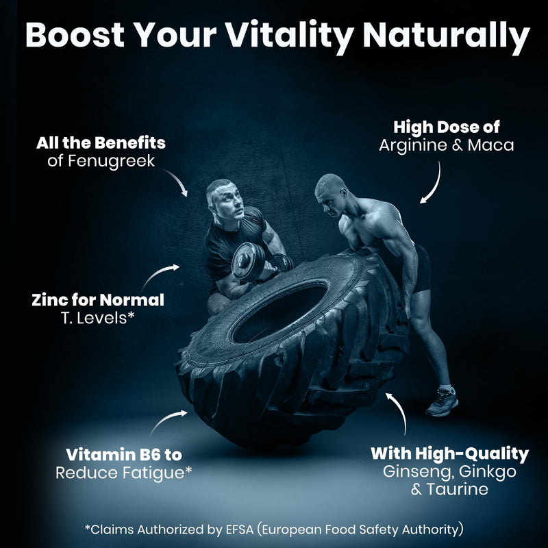 T-Strong 2.0 Vitastrong, Maca Root Vitality Complex Vegan, Arginine, Taurine, Zinc, High Strength Men Supplements, 120 Extra-Strong Maca Root Capsules +Fenugreek Ginkgo Ginseng Vitamin B6