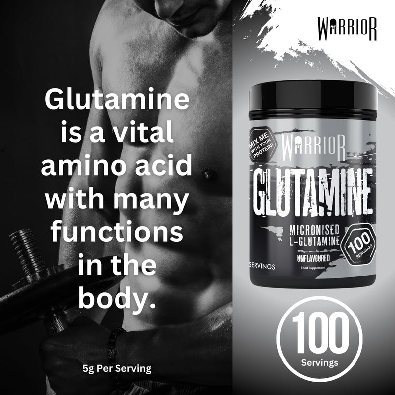 Warrior Glutamine 500g - Pure Micronised L-Glutamine Powder - Amino Acid - Muscle Growth & Recovery Supplement- Gut Health - Mix in Protein - Pre and Post Workout - 100 Servings (Unflavoured) 500g - 100 Servings