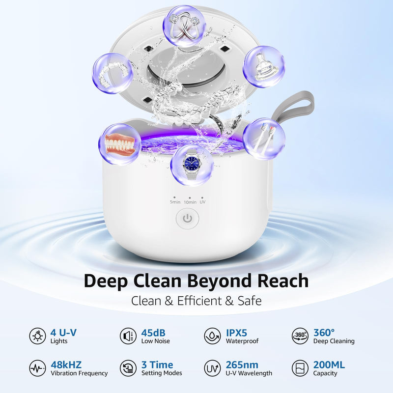 [Australia] - Ultrasonic Retainer Cleaner Machine: 48kHz Rechargeable Cordless Denture Cleaner - Waterproof Ultrasonic Jewelry Cleaner - 200ML Dental Cleaning Pod for Mouth Guard, Aligner, White 