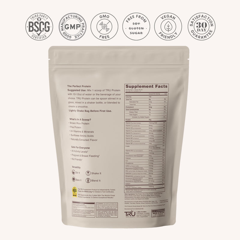 TRU Supplements Plant Based Protein Powder, BCAA, EAA, 20g Vegan Brown Rice & Pea Protein, 100 Calories, 27 Vitamins, No Artificial Flavors 25 Servings (Vanilla Cream) Vanilla