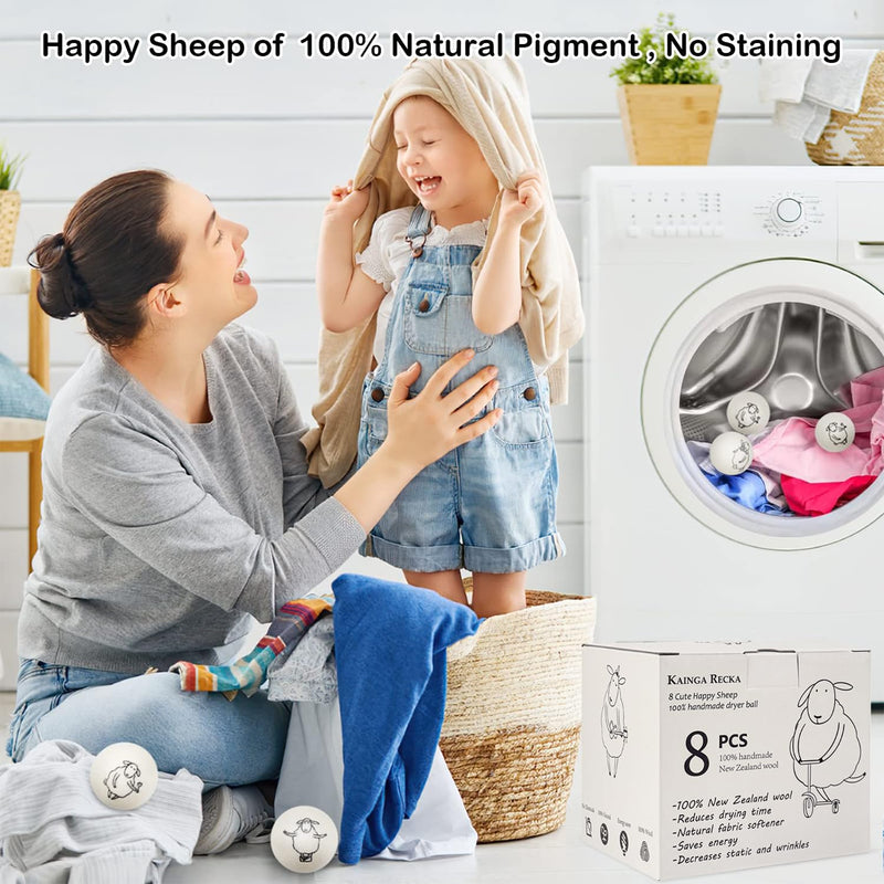 Wool Dryer Balls, 8PCS Dryer Balls with Happy Sheep - Natural & Organic, 100% New Zealand Wool Handmade, Chemical-Free Reusable Laundry Balls, Anti-Static Reduce Wrinkles and Save Time White