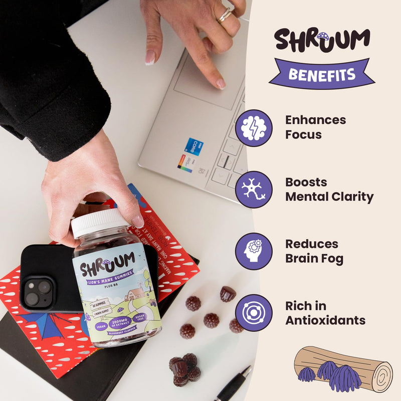 SHRUUM Lions Mane Gummies 2000mg - Mushroom Gummies for Focus & Clarity Without Caffeine - Sugar Free, Vegan, with Vitamin B6 - Blueberry - 60 Gummies (30 Day Supply)