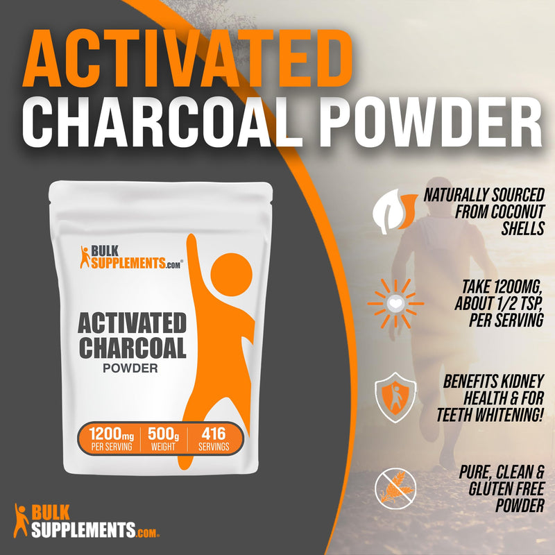 BulkSupplements.com Activated Charcoal Powder - Coconut Charcoal, Charcoal Powder for Teeth Whitening - Activated Charcoal Odor Absorber, Vegan & Gluten Free - 1200mg per Serving, 500g (1.1 lbs) 1.1 Pound (Pack of 1)