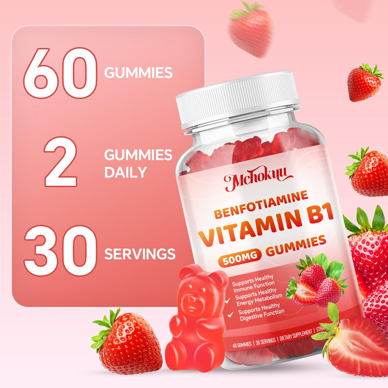 Vitamin B1 Gummies 500mg with Benfotiamine – Thiamine Supplement for Women & Men Supports Healthy Energy Metabolism & Immune, Sugar-Free | Vegan | Non-GMO, Natural Strawberry Flavor, 120 Count 60 Count (Pack of 2)