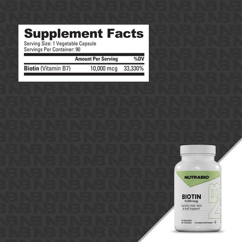 NutraBio Biotin 10000mcg- Biotin for Hair Growth and Stronger Nails, Improved Skin Health- 90 Vegetable Capsules