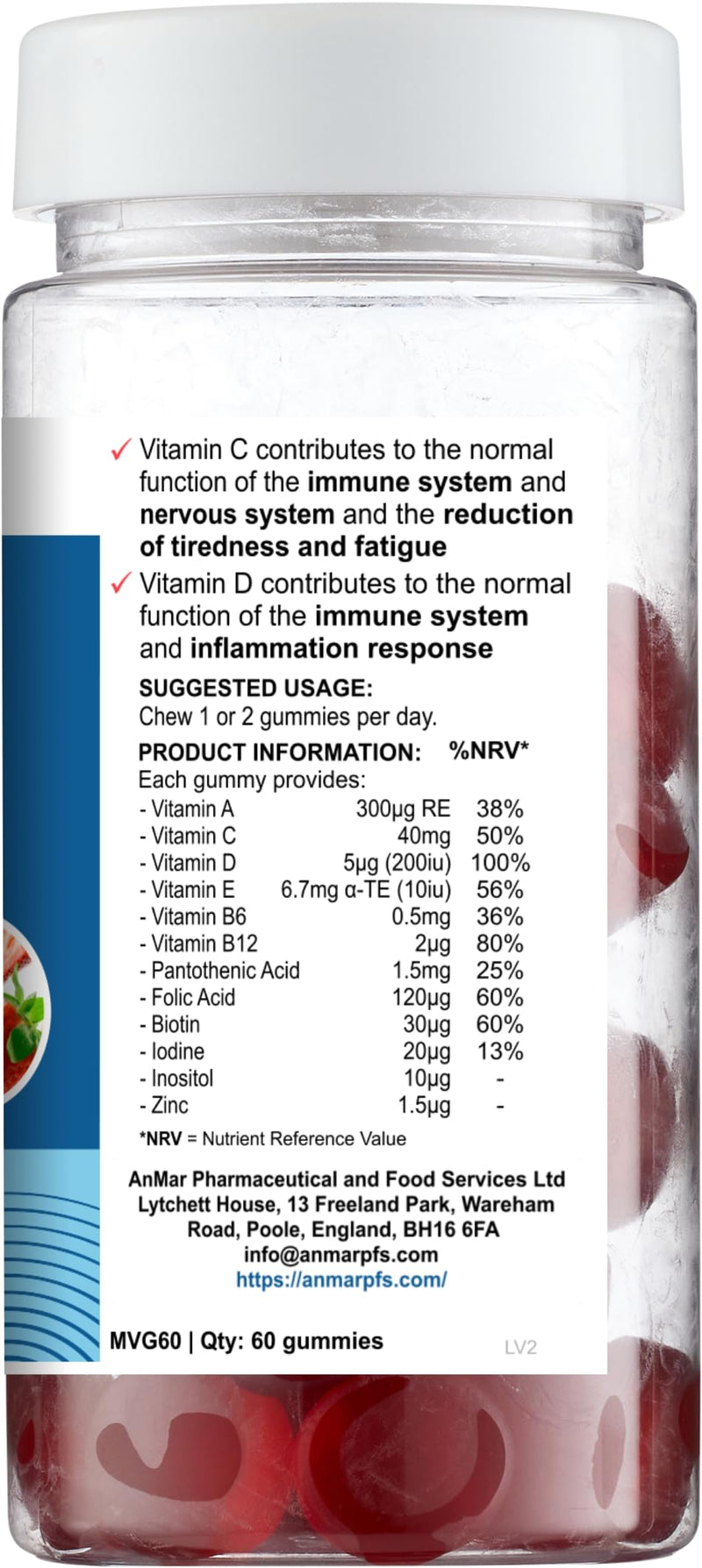 AnMar Daily Wellness Gummies+ – Multivitamin Gummies for Adults with Vitamins A, C, D, B12, Biotin & Zinc – Strawberry Flavour – 60 Gummies