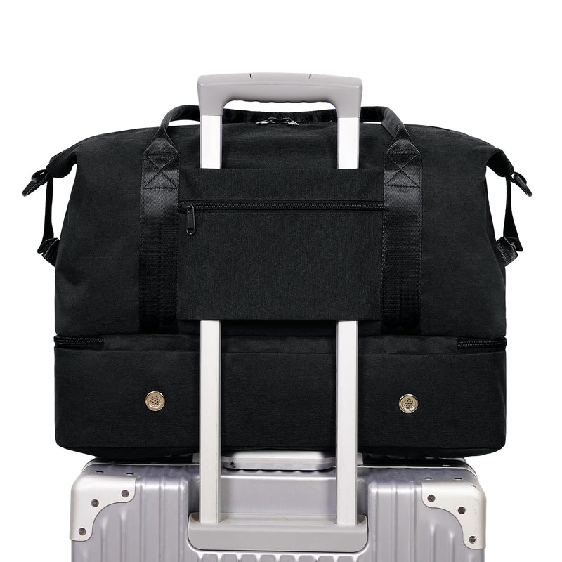 WANDF Personal Item Travel Bag, Carry On Weekender Bag for Women | 18x14x8 inches, Frontier Underseat Fit, Shoe Compartment, Weekend Overnight Trips Black
