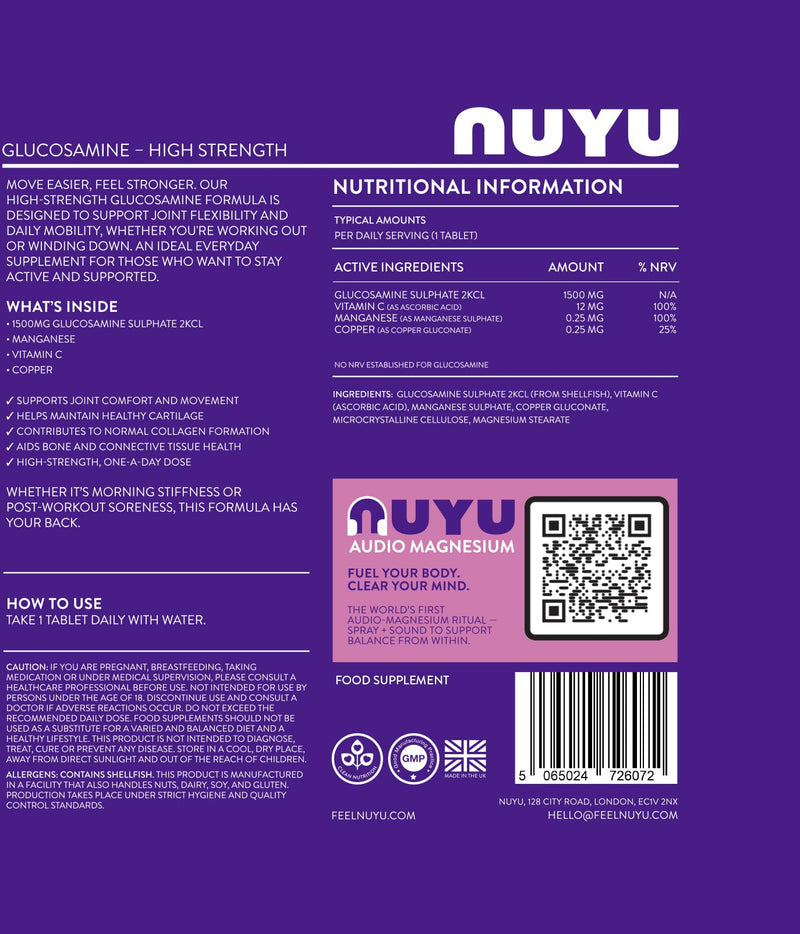 NUYU Glucosamine - High Strength 1,500mg Tablets. Daily Supplement for Joint Flexibility & Mobility Support. One-a-Day, 2 Month Supply. Made in The UK.