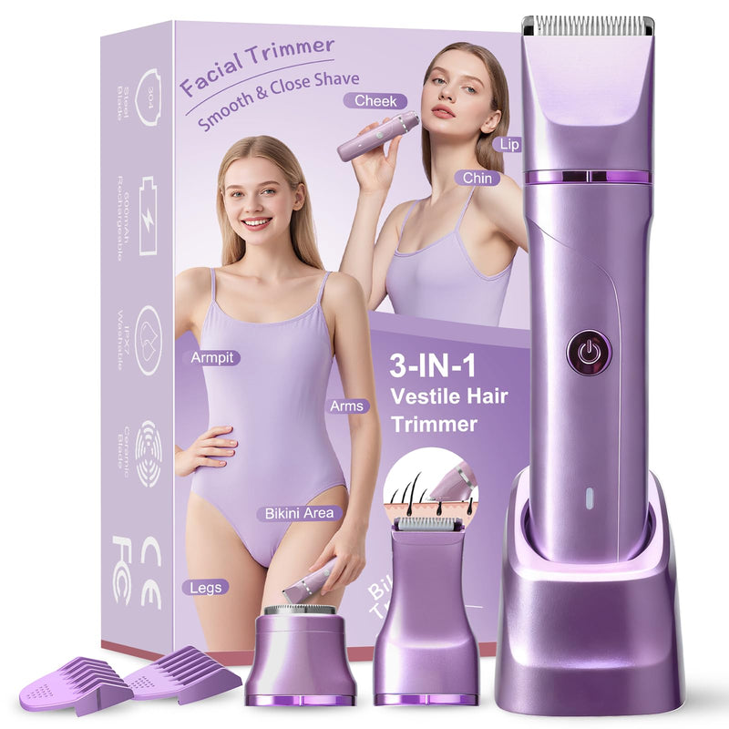 Bikini Trimmer for Women,Electric Razors for Women,Cordless Body Shaver for Trip, Body Groomer for Face, Legs,Bikini Line,Foil, IPX7 Waterproof&Easy Cleaning, Ceramic Blade, USB Charge Dock,Purple