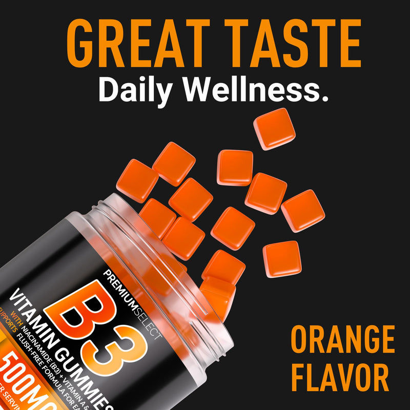 Vitamin B3 Gummies Niacinamide 500mg – Flush-Free Niacin Supplement with Vitamins A & E – 120 Vegan Gummies for Adults – Non-GMO, Sugar-Free, Gluten-Free – 2-Month Supply