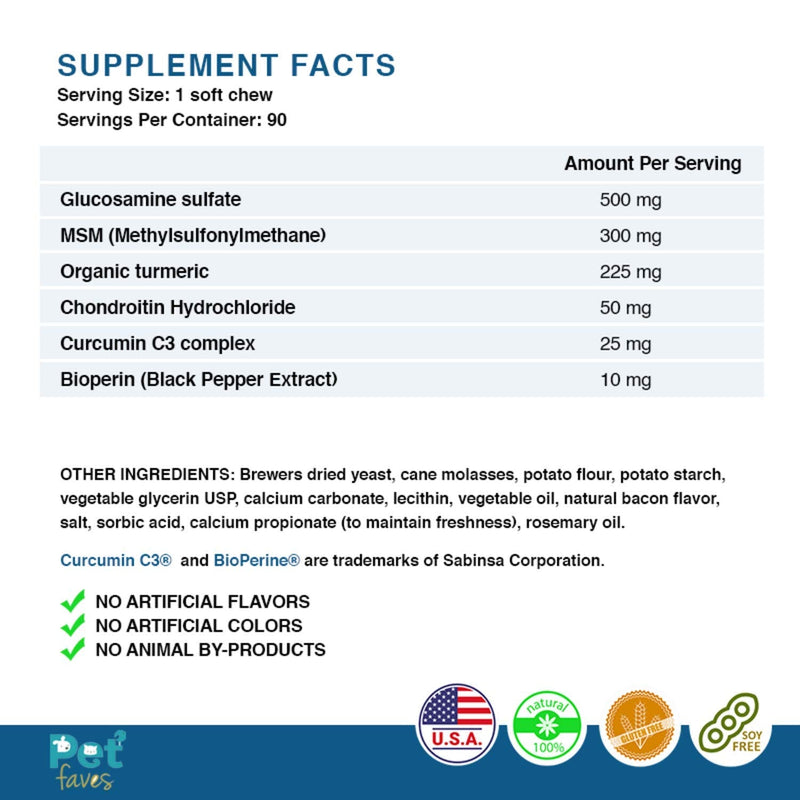 Natural Dog Hip & Joint Supplement for Dogs Arthritis Pain Relief. Turmeric Curcumin with Black Pepper for Anti Inflammatory. Tumeric MSM Glucosamine Chondroitin for Dogs Healthy Joints - 90 Chews - PawsPlanet Australia
