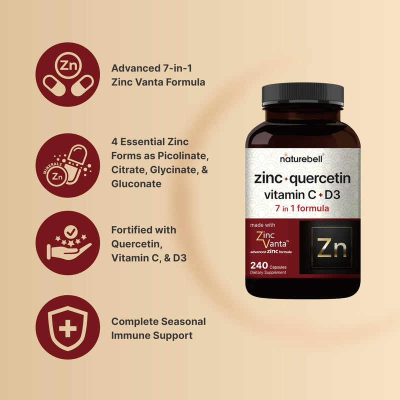 [Australia] - NatureBell Zinc Quercetin with Vitamin C & D3, 240 Capsules | Quercetin 1,000mg + Zinc 50mg + Vitamin C 250mg + Vitamin D3 5,000 IU | 4-in-1 Advanced Immune & Lung Support | ZincVanta Formula 240 Count (Pack of 1) 