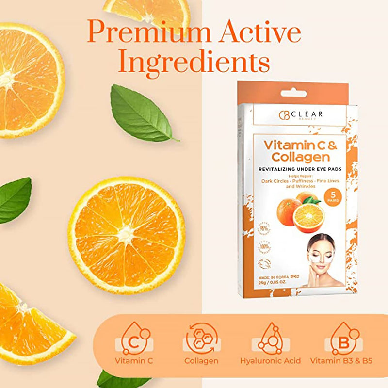 Clear Beauty Vitamin C & Collagen Under Eye Patches – Reduces Dark Circles, Puffiness & Fine Lines – Hydrating & Firming Eye Pads – Dermatologist Tested, Korean Skin Care, Vegan Clean Beauty – 3 Pack Vitamin C & Collagen (15 Pairs)