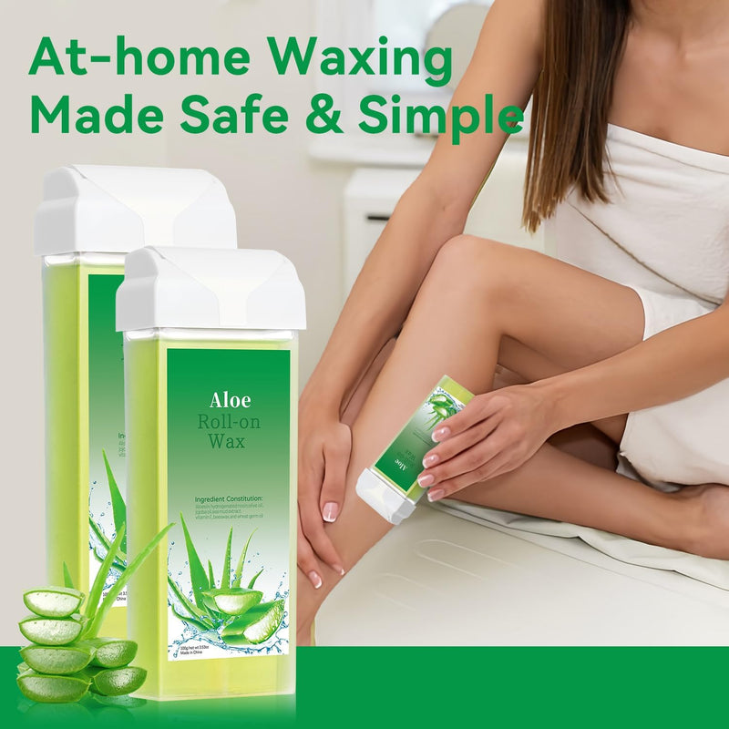 [Australia] - Roll On Wax Refill, Hair Removal Wax Cartridge, Depilatory Wax Roller Refill for Legs and Arms. with 4 Aloe Wax Rollers, 50 Waxing Strips,5 Clean Oil 