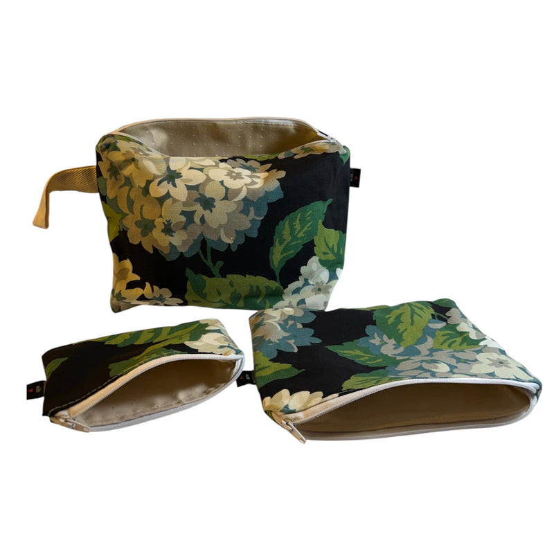 Handmade Canvas Cosmetic Bag Set of 3 with Natural Cotton Lining – Travel Makeup Pouches with Zippered Closure, Floral Pattern
