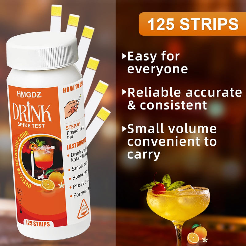 Spiked Drink Test Strips-125 Tests Alcohol Test Strips,10 Second-Side,Tests for GHB and Ketamine in the Beverage, Beer, Cocktail, Juice, Wine, Juice etc.Beverage Safety