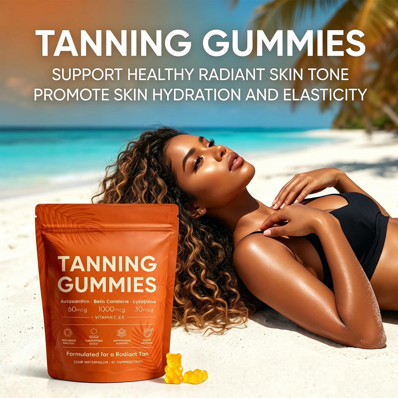 Tanning Gummies Fast Tan Without Sun, Antioxidant with Beta Carotene, Astaxanthin, Lycopene & Vitamins C&E, Sunbed Tanning Accelerator,Tanning Gummies for Sunless Glow, 60 Capsules(1 Bag)