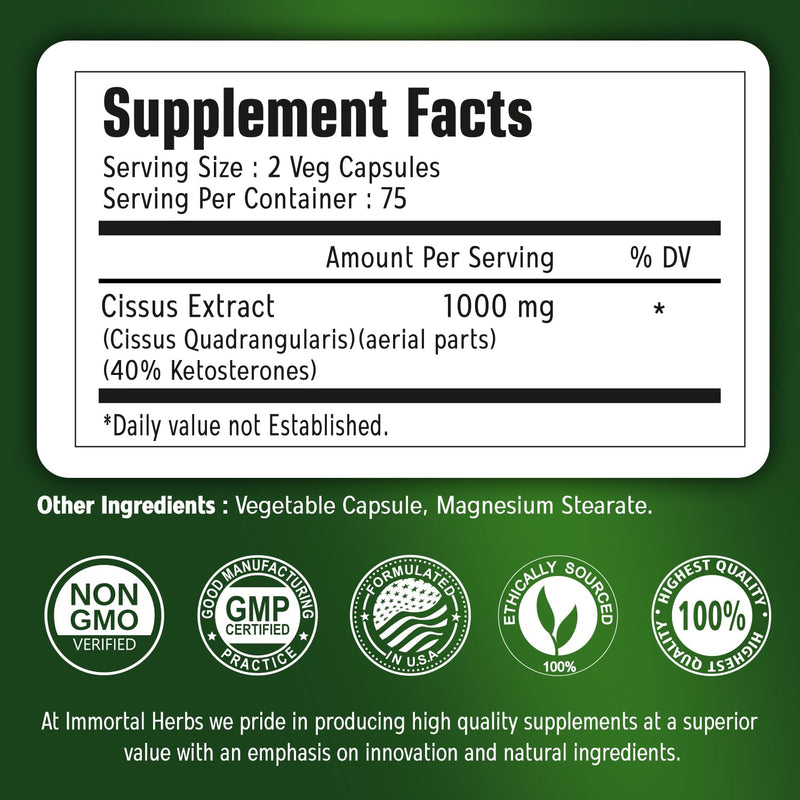 [Australia] - Cissus Quadrangularis Supplement 1000mg, 150 Pills, Pure Extract Powder with 40% Ketosterones, Non-GMO and Gluten-Free Cissus Extract Capsules for Men and Women 