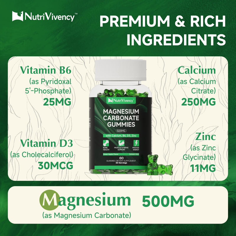 Magnesium Carbonate Gummies 500mg, Bone & Nerve, 30 Servings | With Calcium, Vit B6, D3, Zinc for Bone Health, Muscle Support. Sugar Free, Green Apple Flavor. Vegan, Non-GMO, Gluten-Free