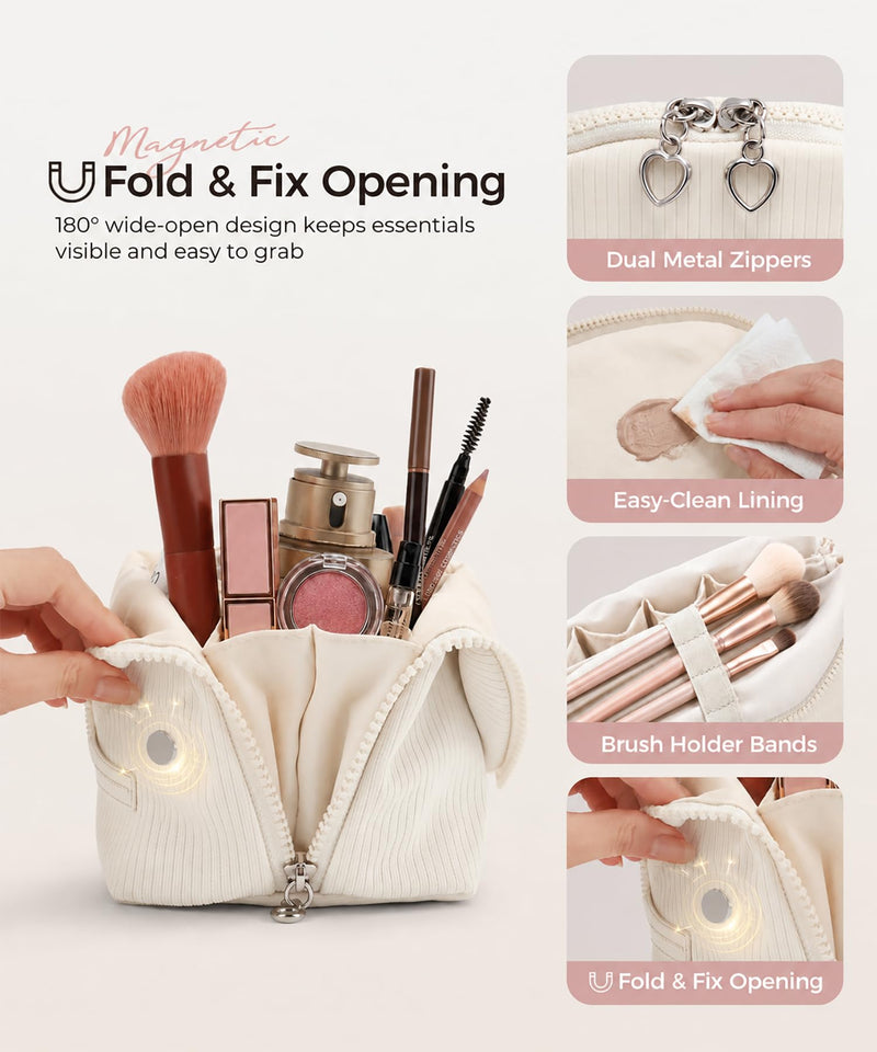 Makeup Bag Set for Women, 2 Pcs Corduroy Travel Cosmetic Organizer, Detachable Clear Pouch and Shell Shape Case, Waterproof Toiletry Storage for Beauty Essentials, Off-white