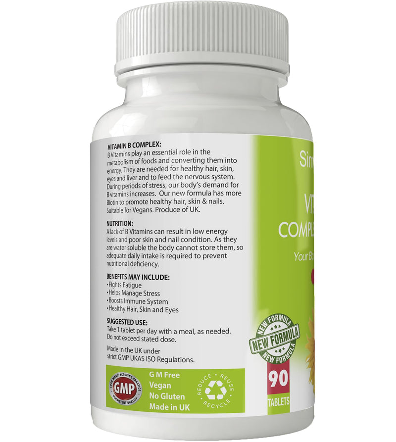 Vitamin B Complex with Biotin for Tiredness, Hair Strength & Growth and Immunity Boost | New Formula | 195mg Tablets x 90 | Gluten Free | GM Free | Vegan
