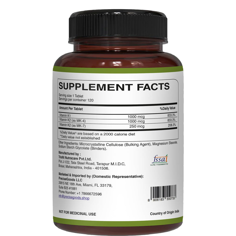 [Australia] - Pure Nutrition Vitamin K Complex K1 + K2 | 2250 mcg | 120 Tab | Full Spectrum K Vitamin Supplement with K1 1000mcg, K2 as MK4 1000mcg + K2 as MK7 250 mcg | Non GMO | Gluten Free 