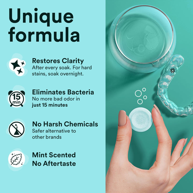[Australia] - Retainer Cleaner Tablets, Invisalign Cleaner, Remove Stains, Odors & Plaque, Night Guard Cleaner, FSA & HSA Eligible, 1-Month Supply of PERSULFATE-FREE Denture Cleaner, 30 Tablets, Mint-Scented 