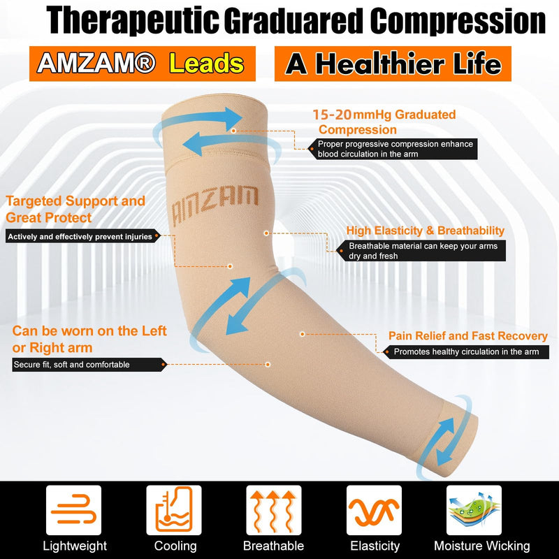 [Australia] - AMZAM® Medical Compression Arm Sleeve for Women & Men, 15-20 mmHg Graduated Compression Brace with Silicone Band for Pain Relief, Lymphedema, Edema, Swelling, Arthritis, Beige L Large (Single) Beige (15-20 Mmhg) 