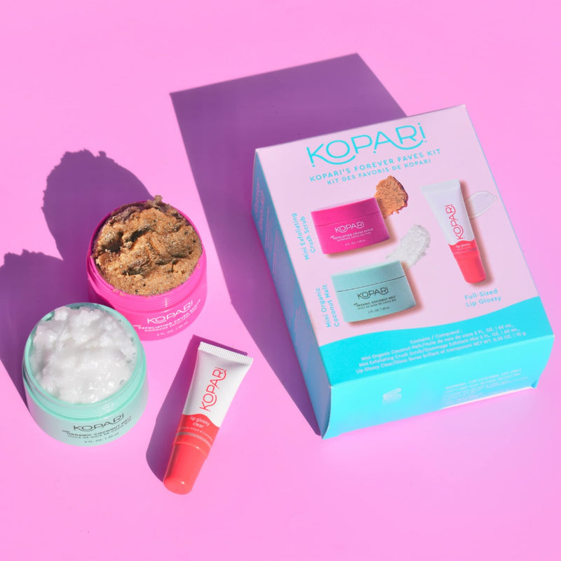 Kopari Forever Faves Bundle | Mini Organic Coconut Melt, Exfoliating Mini Coconut Crush Scrub, Clear Moisturizing Lip Glossy | Body and Lip Kit to Soothe and Hydrate Dry Skin | Cruelty Free, Vegan