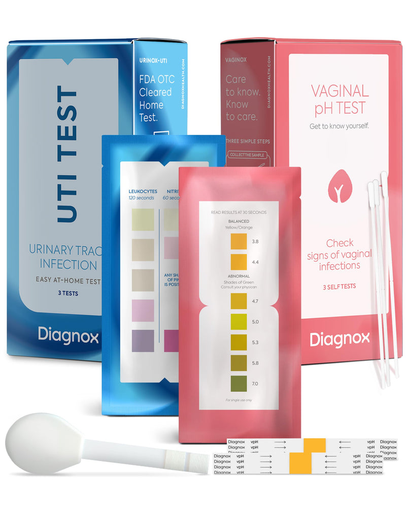 Diagnox UTI Test & Vaginal pH Test Bundle – Clinical Grade Accuracy – 3 UTI Test Strips & 3 Vaginal pH Test Strips for Women – UTI, BV, pH Balance and Yeast Infection Test Kit 1 Count (Pack of 6)
