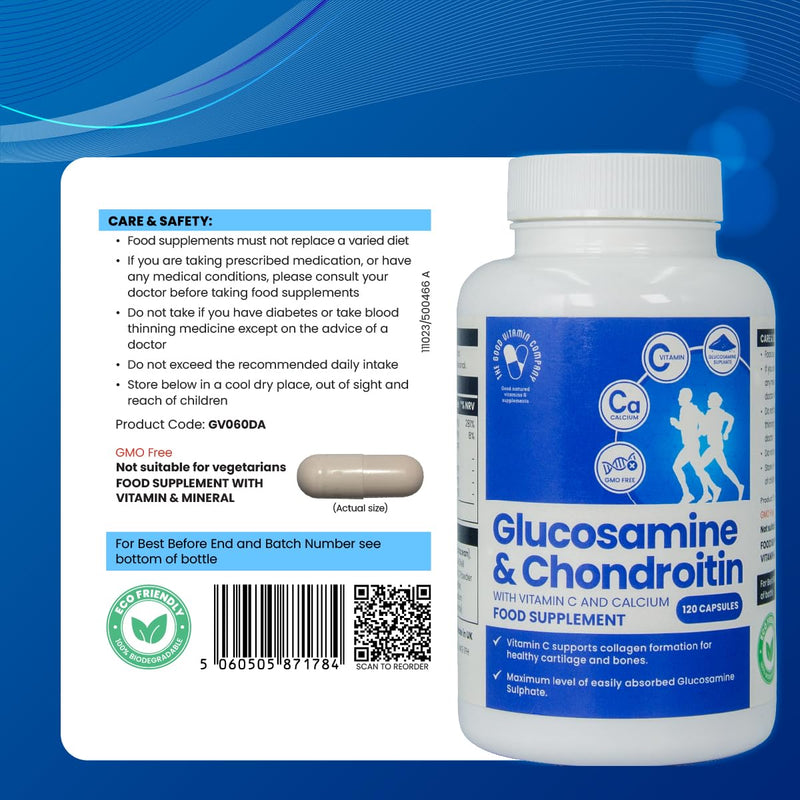 Glucosamine & Chondroitin Capsules with Vitamin C – Joint & Cartilage Support Supplement | Supports Mobility, Flexibility & Collagen Formation | 120 Capsules (40 Days Supply) | Made in UK