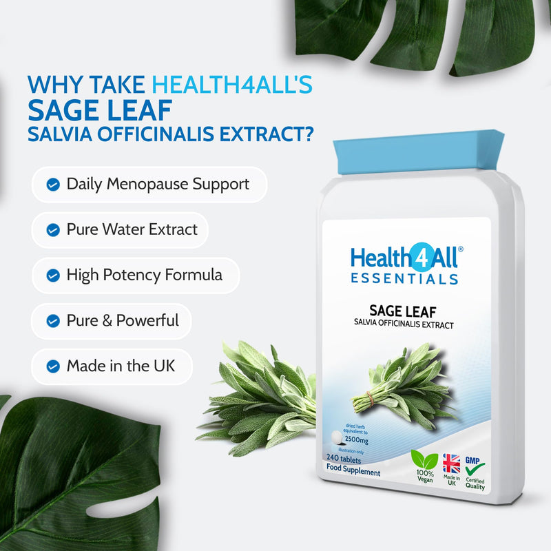 Health4All Sage Leaf 2500mg 240 Tablets 8 Months Supply, Essential Salvia Officinalis Water Extract for Menopause Support, High Strength Menopause Supplement One-a-Day Tablets | Made in UK