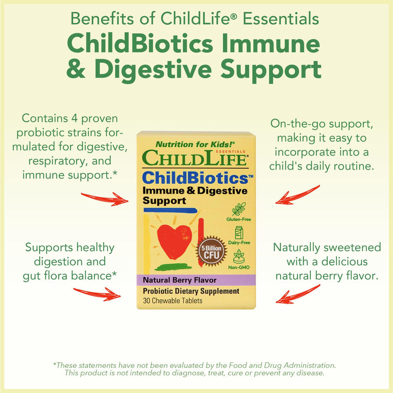 CHILDLIFE ESSENTIALS Childbiotics Immune & Digestive Support, 30 Tablets | Kids Probiotic Supplement, Probiotics for Kids & Toddlers, Chewable Vitamin, Gut Health, Natural Berry Flavor, Support
