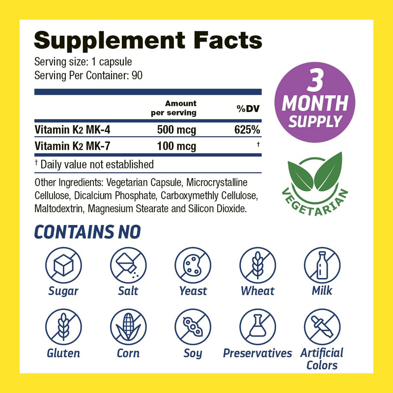 [Australia] - Vitamin K2 MK7 with Vitamin K2 MK4, 3-Month Supply High-Potency K2 Vitamin Supplement MK-7 for Bone Health & Cardiovascular Health, 90 Vegan Capsules, Made in The USA 