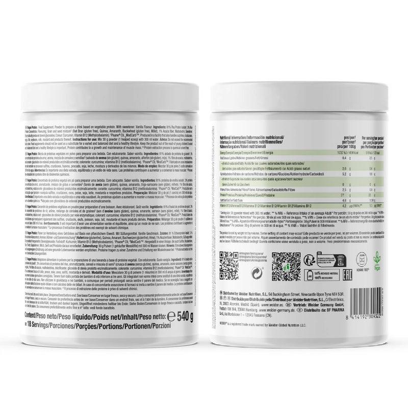 Weider Vegan Protein (540g) Vanilla Flavour. 23g Protein/dose, Pea Isolate (Pisane) & Rice Proteins. with Vitamin B12 & Stevia. Gluten Free, Sugar Free. Packaging 50% Recycled, 100% Recyclable