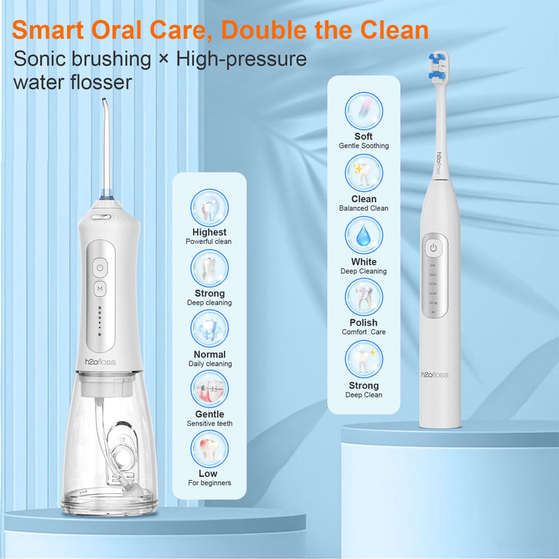 [Australia] - H2ofloss Sonic Electric Toothbrush and Water Flosser Combo, Rechargeable 2000mAh Toothbrush and 2500mAh Oral Irrigator with 300ml Tank, 4 Brush Heads, 5 Nozzles, 2 in 1 for Home and Travel (White) White 